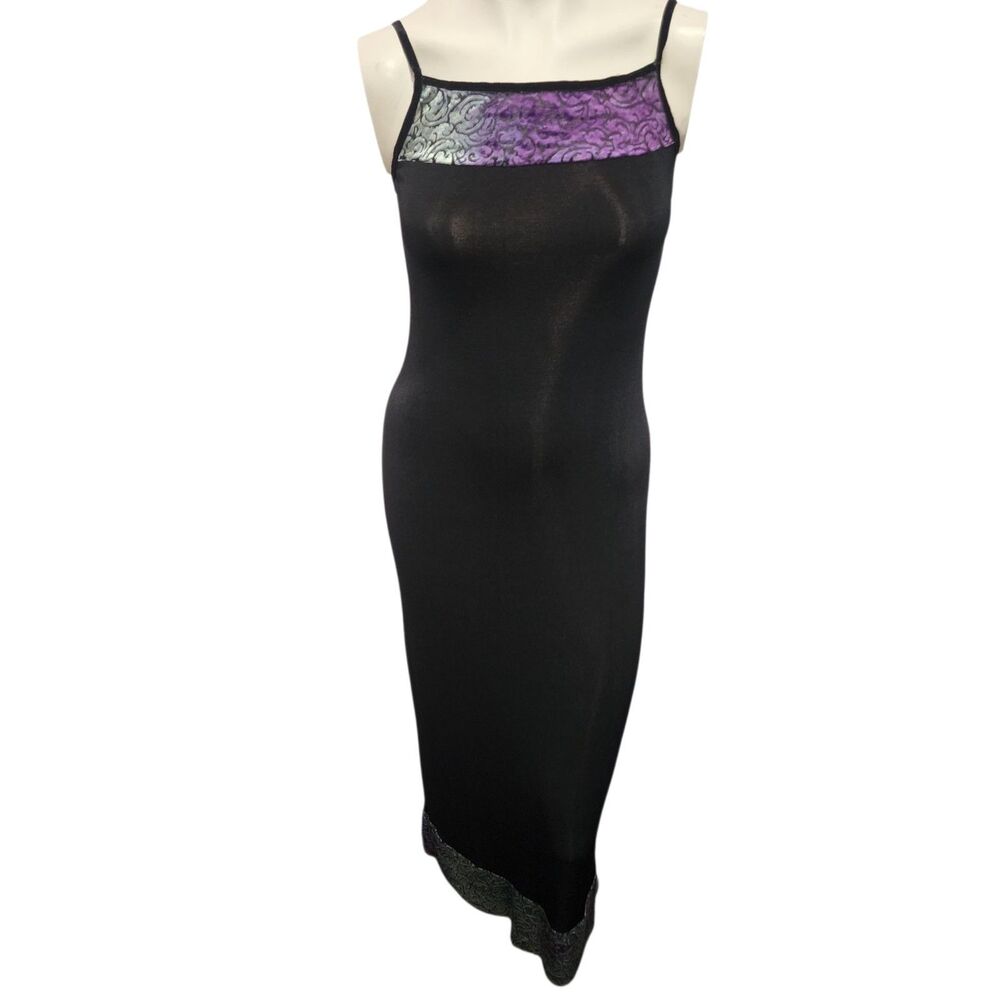 To The Max Black Maxi Dress Small Velvet Trim Spaghetti‎ Strap Bodycon
